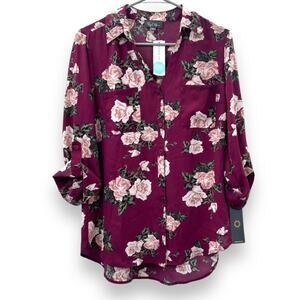 StitchFix Byer California Christelle Burgundy Floral Button Down Shirt Sz L‎ NWT